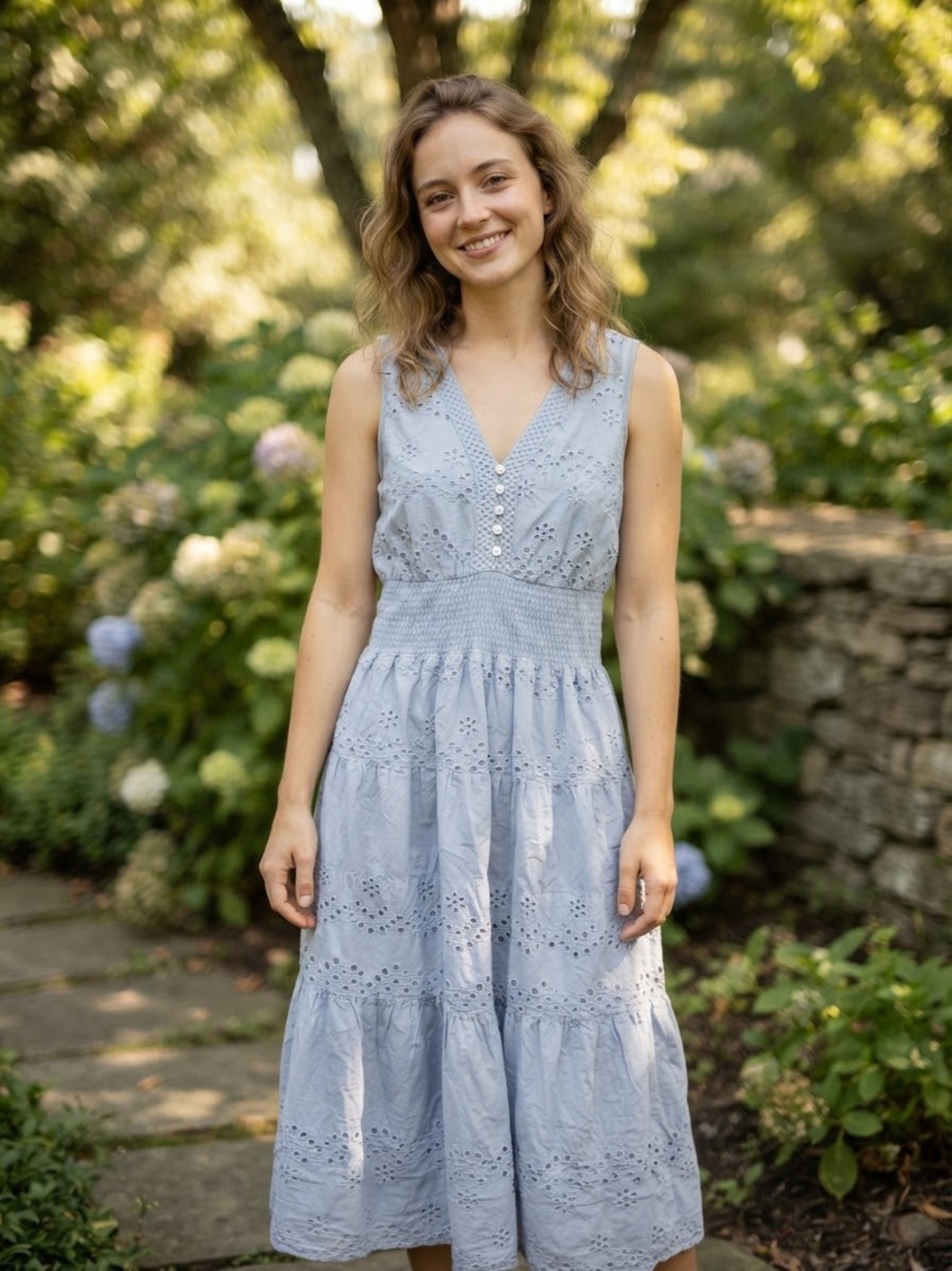 Kings Road Blue Eyelet Midi Dress M Cotton Pockets